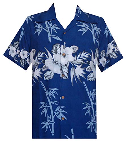 ALVISH Hawaiian Shirt 35 Mens Bamboo Tree Print Beach Aloha Party Holiday Blue L