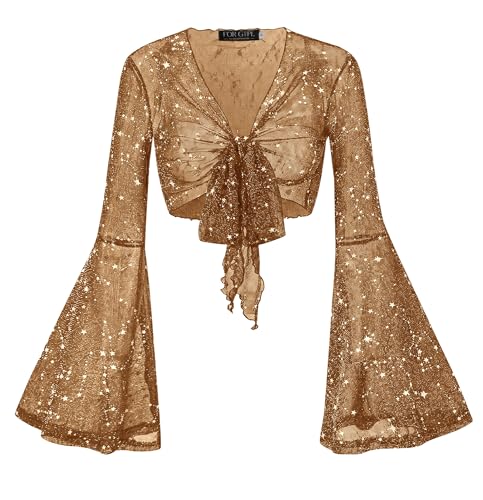 Image of Women Tie Front Bell Sleeve Rave Crop Tops Floral Print Hippie Mesh Sheer Shirt