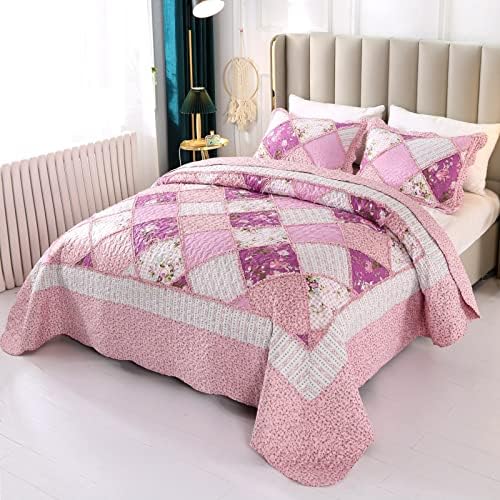Pink Quilt Set Queen Size Floral Patchwork Quilted Bedspread Coverlet Set 3-Piece Lightweight Reversible Stitched Comforter Bedding Set Bed Sheet Cover Blanket with 2 Pillow Shams for All Season