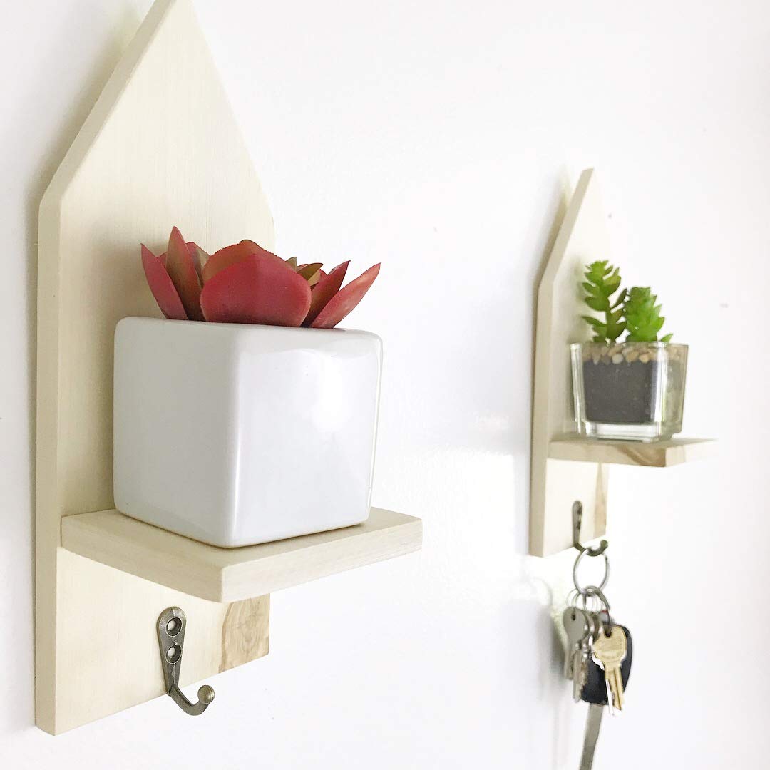 Entryway Wall Decor Wooden Key Holder Shelf With Hooks Succulent Display Wooden
