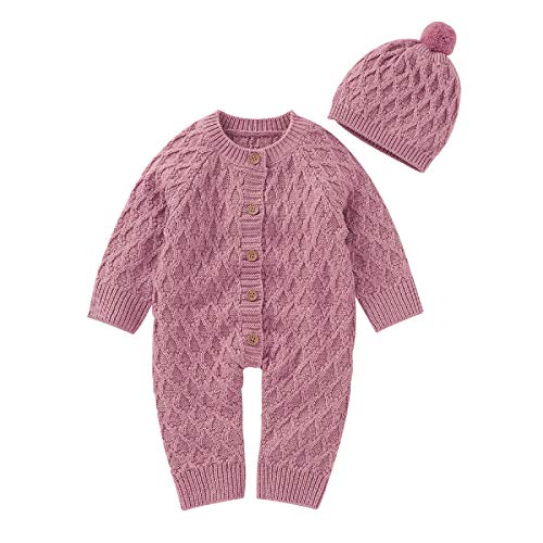 Syuantech Conjunto Gorro Mameluco Punto Bebé Recién Nacido, Mono Infantil La Nieve, Mono para Niños y Niñas (Rosa Oscuro, 0-3 Meses) Cover