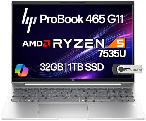 HP ProBook 465 460 G11 Business Laptop 16” FHD+ Display, AMD Ryzen 5 7535U, 32GB DDR5 RAM, 1TB NVMe, Wi-Fi 6E, RJ-45, Webcam, Backlit Keyboard, Win 11 Pro - Pike Silver Plastic