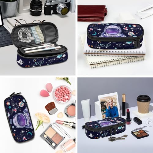 Image of Astronaut Space Planets Pencil case for Student Girl Boy, Large Capacity Black Pencil Pouch with Zipper Compartments, Cosmetic Makeup Bag Organizer for School Supplies Office Home