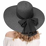 Roniky Beach Sun Hat for Women Bow-Knot UV UPF 50+Travel Foldable Wide Brim Straw Hat Black