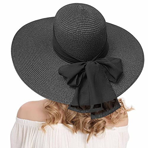 Roniky Beach Sun Hat For Women Bow-Knot Uv Upf 50+Travel Foldable Wide Brim Straw Hat Black #TOP4