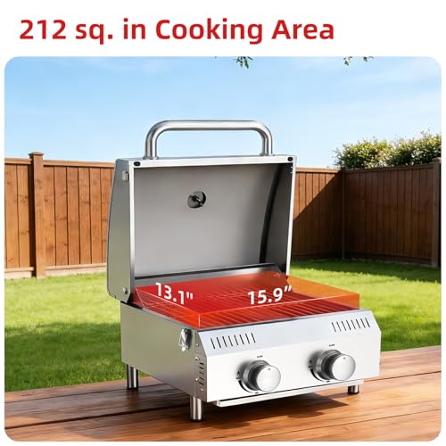 Image of Veralune Tabletop Gas Grill, Small Propane Grill, Portable 2 Burner Gas Grill, Locking Lid, 20,000 BTUs, Built-in Thermometer, Stainless Steel