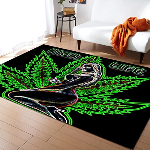 Oueoty Alfombra de área de 150 x 240 cm, alfombra de belleza psicodélica, hoja de marihuana, alfombra negra de secado rápido, alfombra de ejercicio