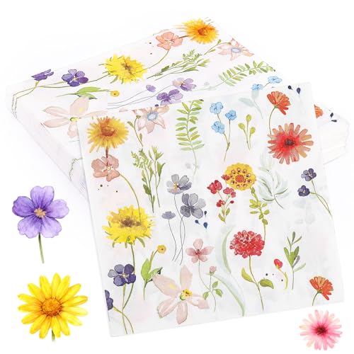 Deepton 40 Stück Servietten Blumen Servietten Frühling 32x32cm Tischdeko Geburtstag Einweg Papierservietten Wildblumen für Hochzeit Gartenparty und Taufe Deko