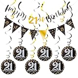 FASOTY 21st Birthday Decorations - Black Gold Pre-assembled Triangle Flag Banner and Glitter Hanging Swirls Party Set