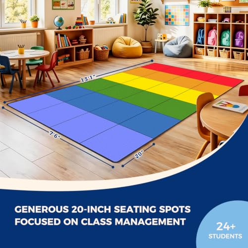 Booooom Jackson Classroom Rug - 7'5'' x 13' Rainbow Square Preschool Classroom Carpet, Non-Slip & Stain Resistant, 20X Easy Clean, Thick Nylon Kids Playroom Floor Mat — view 3