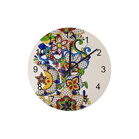 ZHIMI Wall Clock Non Ticking Silent Wooden Clock 12Inch Frameless Round Clock Easy to Read Home Office School Decor Mexican Traditional Talavera Pattern Moon Art Clock Cover
