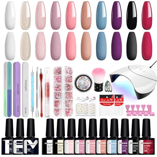 Phoenixy Kit Uñas Semipermanentes 10 Colores Pintauñas Semipermanentes Azul Morado Negro Kit Uñas de Gel con U V/LED Lámpara Mate y Base Top Coat