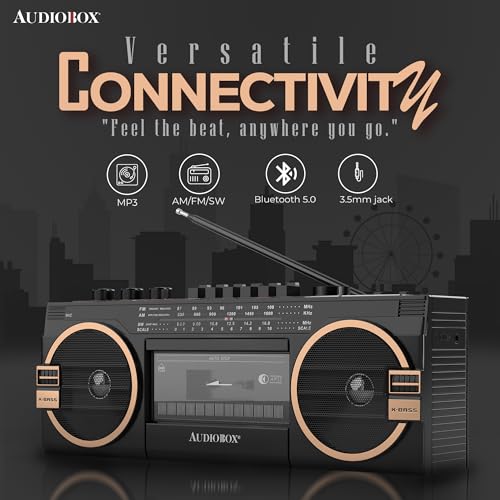 Image of AudioBox RXC-25BT Retrobox 2 Way Speaker System Boombox w /Bluetooth Connectivity, AM /FM /SW, USB and SD Card Connection, & Cassette Player, Black | MP3 Playback, USB & SD Card Support, 3.5mm Jack, Built-In Boombox Speaker, Cassette Player, Stereo Sound, Portable Design