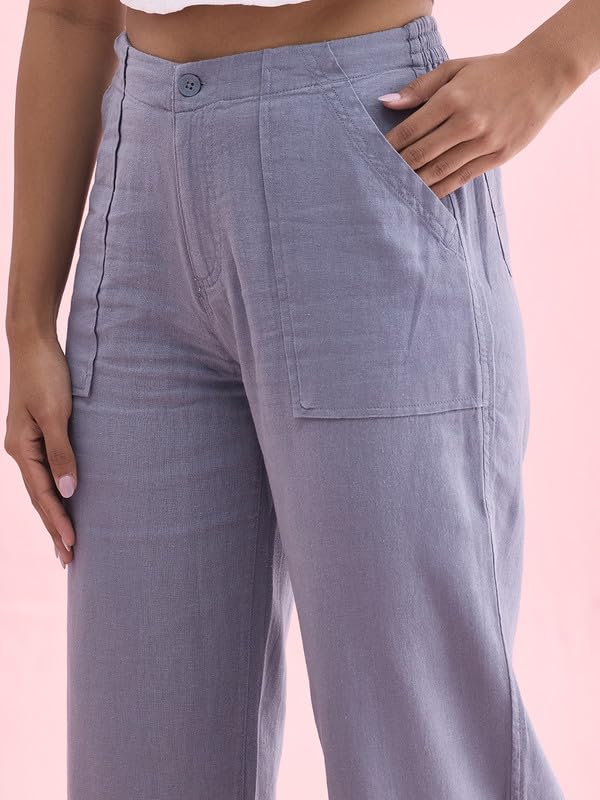 Image of GO COLORS Solid Linen Cargo Pants for Women | Full Length, Mid Rise, Side Pockets