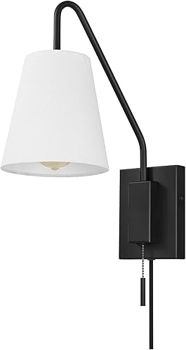 Globe Electric 65000043 Aplique de pared con 1 luz, negro mate, pantalla de tela blanca, brazo oscilante, cable de tela trenzada negro de 6 pies,