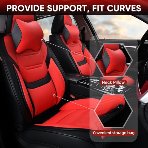 Image of Car Seat Covers Full Set, Breathable Leather Automotive Front and Rear Seat Covers & Headrest for Reduce The Driving Fatigue, Compatible with Most Vehicles, Cars (Black&Red, Front Pair and Rear)