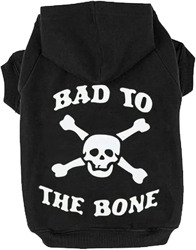 Dog Hoodie - Bad to THE Bone Lettered Dog Sweatshirt with Hood, Dog Clothes in Fall Cold Winter Sweater with Built-in Dog Lead Hole, Pet Warm Outfit for Cats and Small to Large Dogs, M