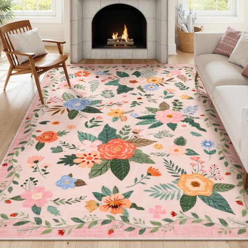 Lahome Pink Rugs for Kids Room 8x10, Pastel Floral Border