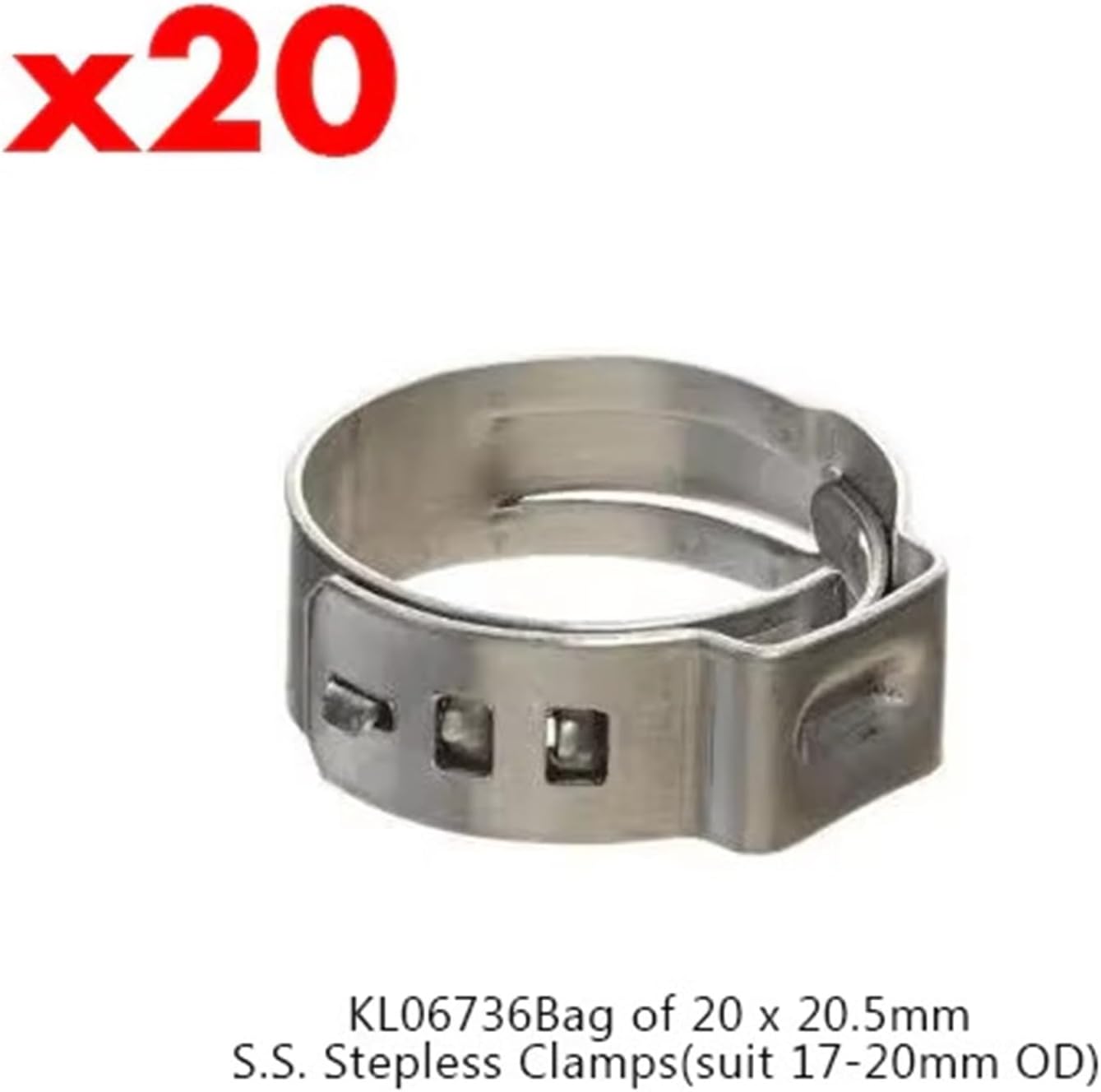 Bag of 20 X Stainless Stepless Clamps(Suit 8/9.5/10.5/12.8/14.5/16.5/18.5/20.5MM OD) hardware tool(KL06736)