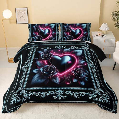 Image of QOOMO Cartoon Heart Kids Comforter Set,Rose Print Bedding Set Twin Size for Boys Girls Room Decoration,Black Bed Set Microfiber Lightweight All Season,1 Comforter Set 2 Pillowcases