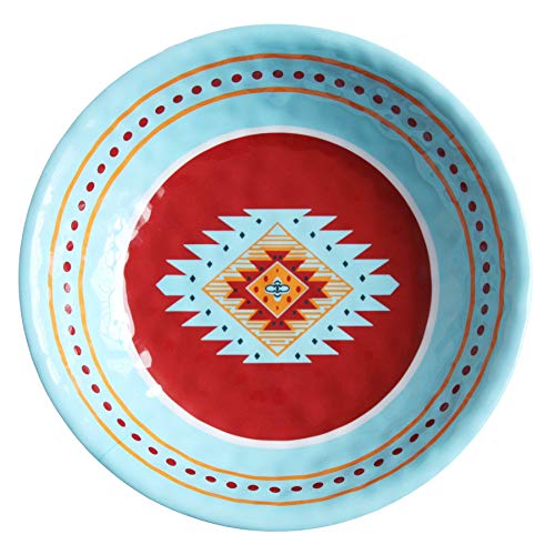Image of Paseo Road Southwest 14 Piece Melamine Plastic Dinnerware Set with Plates, Bowls and Serving Platter, Aztec Geometric Pattern, Western Southwestern Rustic Cabin Lodge Style