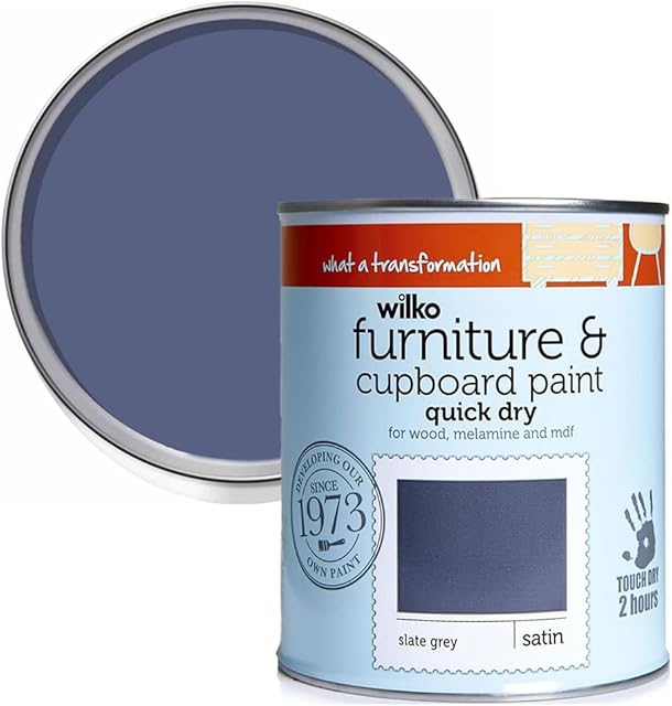 wilko Quick Dry Cupboard & Furniture Paint Slate Grey, Hardwearing Quick Dry Furniture Paint, Satin Finish Furniture Paint, 750ml