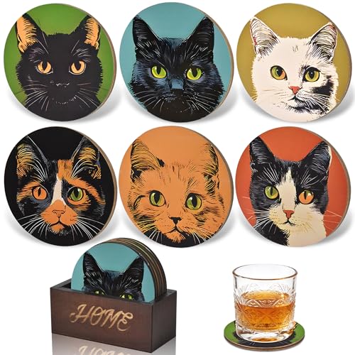 Bar Coaster Set Drink Coaster for Home Decor Wood Coffee Coasters 6Pack (Cat)