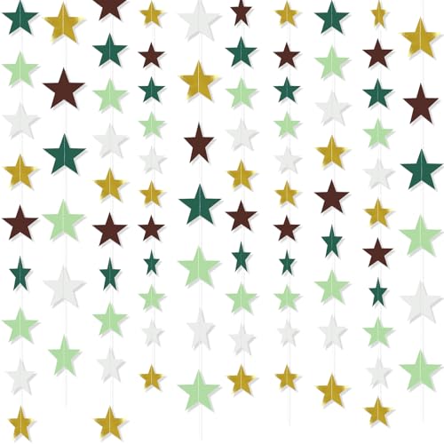 Image of Patelai 130 Feet Glitter Star Garland Banner 2026 Party Decoration Double Side Star Hanging String Streamer Paper Twinkle for Graduation Wedding Birthday (White,Light /Dark Green,Brown,Gold)
