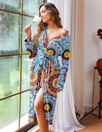 Image of Ekouaer Women Kimono Robes Full Length Knit Bathrobe Lightweight Soft Sleepwear V-neck Casual Ladies Loungewear S-XXL