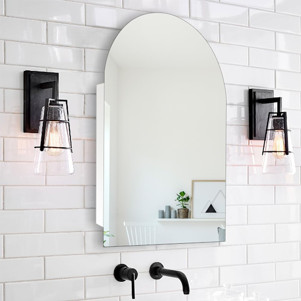 Frameless Arched Medicine Cabinets with Mirror, Arch Medicine Cabinet with Storage, Recessed Or Surface Mount, Bathroom Mirrored Cabinet, 20x30 Inch
