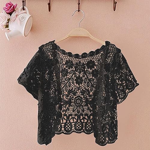 Womens Short Sleeve Tassels Lace Cardigan Floral Crochet Beach Up Shrugs Open Front Crop Jackets3
