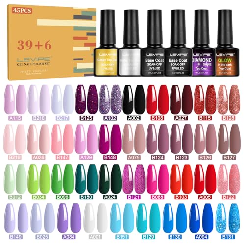 LEVIPE 45Pz Smalto Semipermanente Unghie, Smalti Semipermanenti per Unghie con Base Coat e Glossy & Matt Top Coat, Diamanti & Fluorescent Topcoat, Set Gel Smalto UV LED