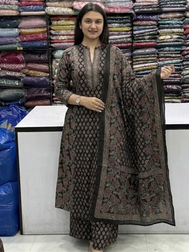 Image of GoSriKi Kurta Sets for Women Viscose Blend Printed | Kurti Set for Woman | Kurta Palazzo Dupatta Set | A Line Kurti | Mandarin Collar 3 /4 Sleeve Suit Set for Women Stylish Ethnic Outfit