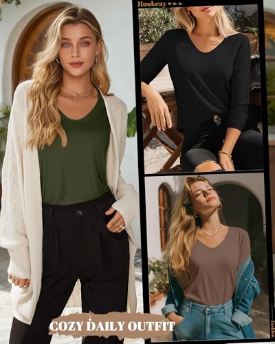 Huukeay 3 Pack Women's 3/4 Sleeve T-Shirts, V Neck Casual Tops Loose Fit Tunic Basic Tees 3/4 Length Sleeve Soft Blouses3