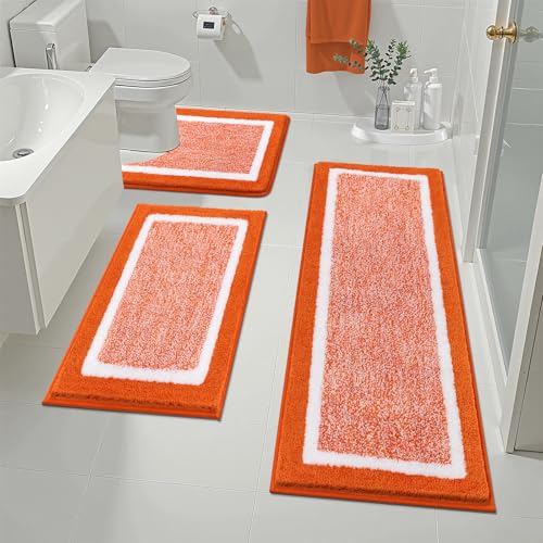 Pauwer Bathroom Rugs Sets 3 Piece Bathroom Shower Rugs with U-Shaped Contour Toilet Mat Absorbent Microfiber Plush Bath Mats Non Slip Bath Rugs Machine Washable Shaggy Bath Floor Mats, Orange