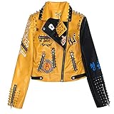 Hzikk Graffiti Mit Perlen Verziert Frauen PU-Lederjacke Punk Style Motorcyle Embrodiery Lederjacken,Gelb,XXL