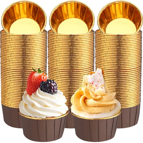Image of 300 Pack Brown Gold Cupcake Liners Bulk Disposable Foil Muffin Cup