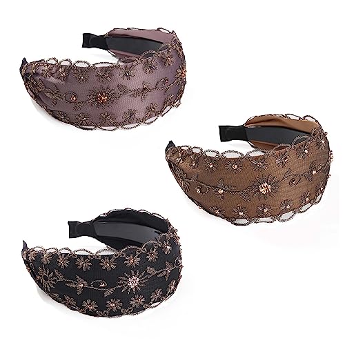 Leadigol 3 Pcs Lace Wide Floral Pearl Embroidery Headbands for Women, Crystal Korean Trendy Simple Flower Headwear