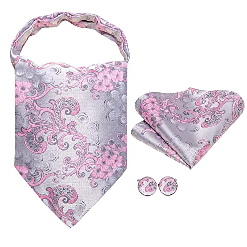Image of Hi-Tie Silk Ascot for Men Self Tie Men's Cravat and Flower Lapel Pin Handkerchief Cufflinks Set for Wedding Party