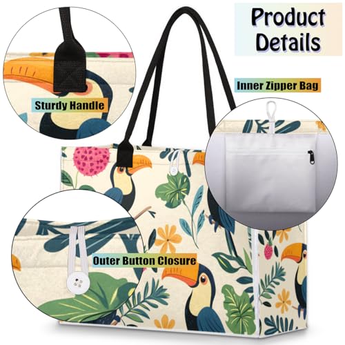Cute Toucan Plant Tote Bag for Women Large Beach Bag Reusable Tote Bags for Work Travel Beach Shopping4
