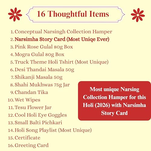 Image of Indian Karigar Narsingh Collection 2026 | 15 Inclusions | Holi Gulal for Holi Colour 160g | Thandai Powder + Eye Glasses + Truck Theme Tshirt & More | Organic Skin Safe Holi Colors With Certificate & Greeting Card | Holi Gift Hampers (Narsingh Collection Holi Gift Hamper)