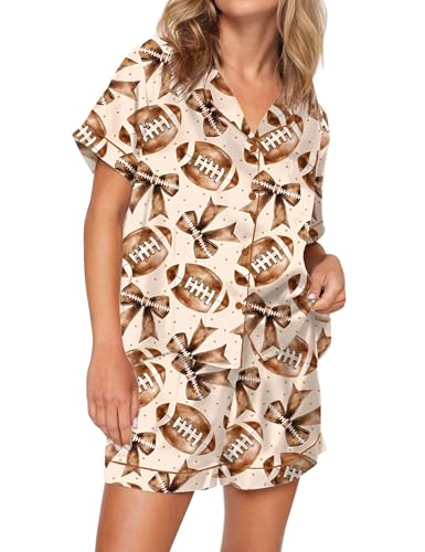 Image of SHESHOW Pajamas for Women Set Satin Button Down Short Sleeve Top and Shorts Pjs Sets Sport Ball Print Sleepwear XS-XXL
