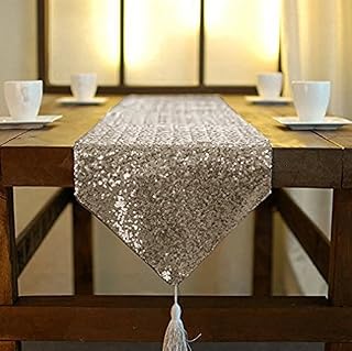 ShinyBeauty Navy Blue Shimmer Sequin Table Runner Tassel 12x72in, Glitter Sequins Fabric Table Runner with Tassel in Party Wedding Banquet Table Linen Layout or Decoration