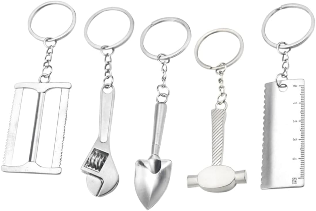 CALLARON Mini Tools Shaped Keychain Pendant Set 5 Pieces Metal Keyring Hammer Ruler Shovel Wrench for Fashion Accessory