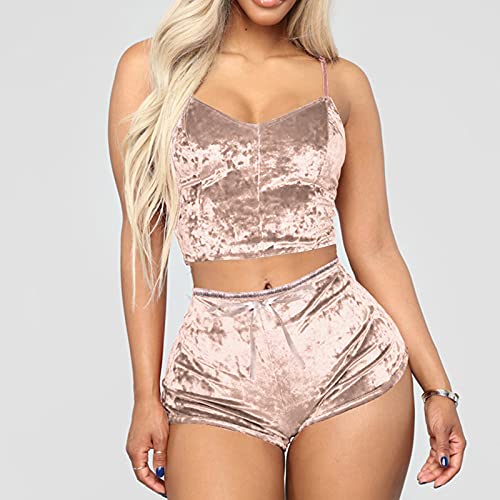 Nachtwäsche Für Frauen Damen Samt Schlafanzug Sexy Hausanzug Satin Pyjama Nachthemd Kurz Set Short Spitze Einfarbi… – Bild 3