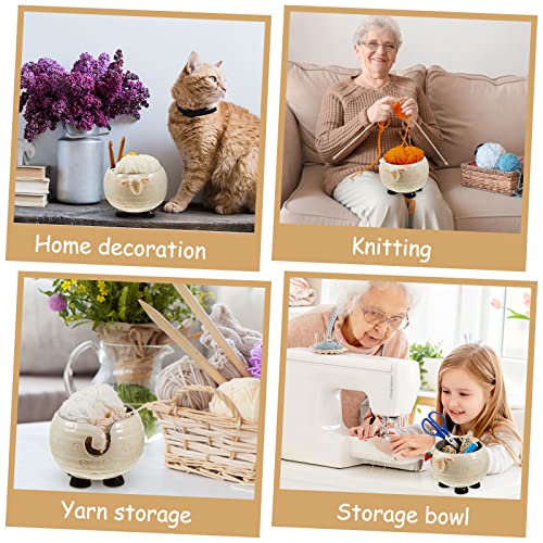 Image of Sleepy Sheep Ceramic Yarn Bowl 6.69 x 4.72 Inch Large Decorative Yarn Holder Knitting Yarn Ball Holder Handmade Craft Knitting Bowl Crocheting Accessories and Supplies Organizer With12 Crochet Hooks