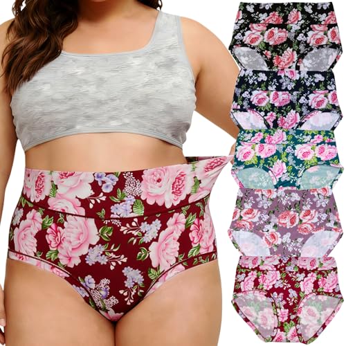 Image of Women's Plus Size XL-5XL Underwear High Waist Briefs Panties Rose Floral Print Ladies Undies 5-Pack