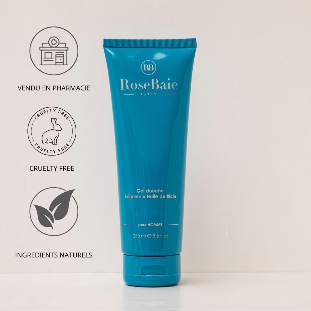 ROSEBAIE MEN | Duo Corps et Cheveux Ricin Kératine Probiotiques | Shampoing Homme Antichute Antipelliculaire 250ml | Gel Douche Fraîcheur Parfum Boisé 250ml