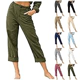 OutTop Womens Capri Pants Summer Casual Cotton Linen Elastic Waist Cropped Pants Solid Harem Pants w