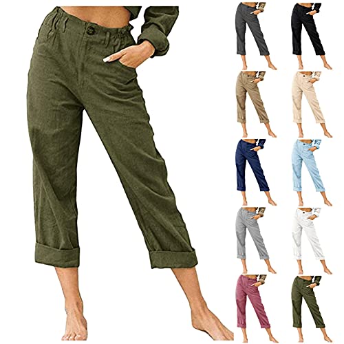 Outtop Womens Capri Pants Summer Casual Cotton Linen Elastic Waist Cropped Pants Solid Harem Pants With Pockets (L, Army Green) #TOP14
